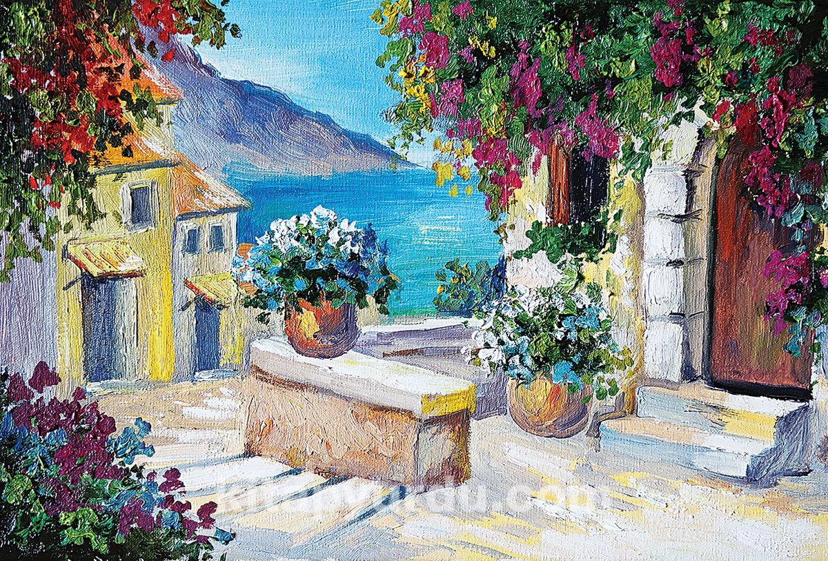 Mediterrane Trapwoningen | Houten Legpuzzel | 1000 Stukjes | 44 x 59 cm | King of Puzzle